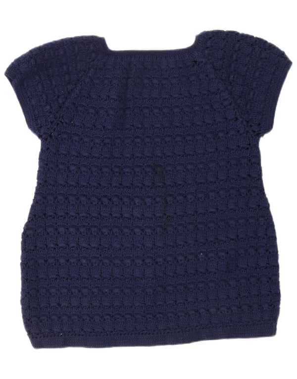 Top in camicetta lavorata a maglia da donna vintage UK 12 blu navy medio