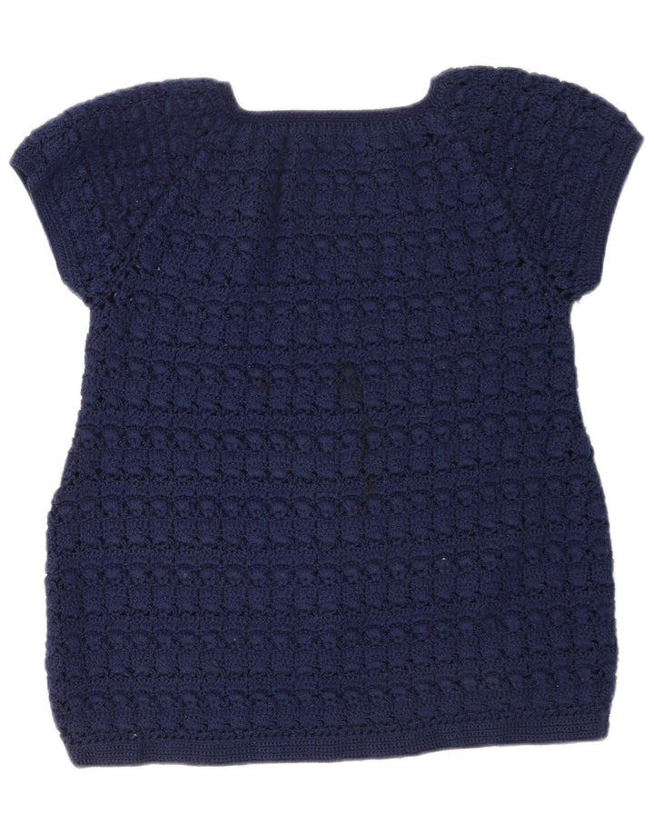 Top in camicetta lavorata a maglia da donna vintage UK 12 blu navy medio