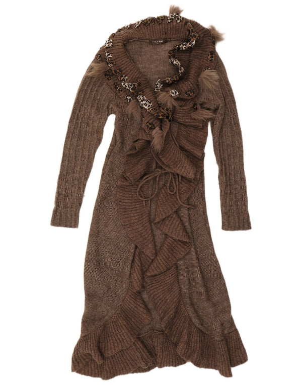 Forla Donna Parigi Maglione cardigan con volant sul davanti UK 10 Piccolo Marrone