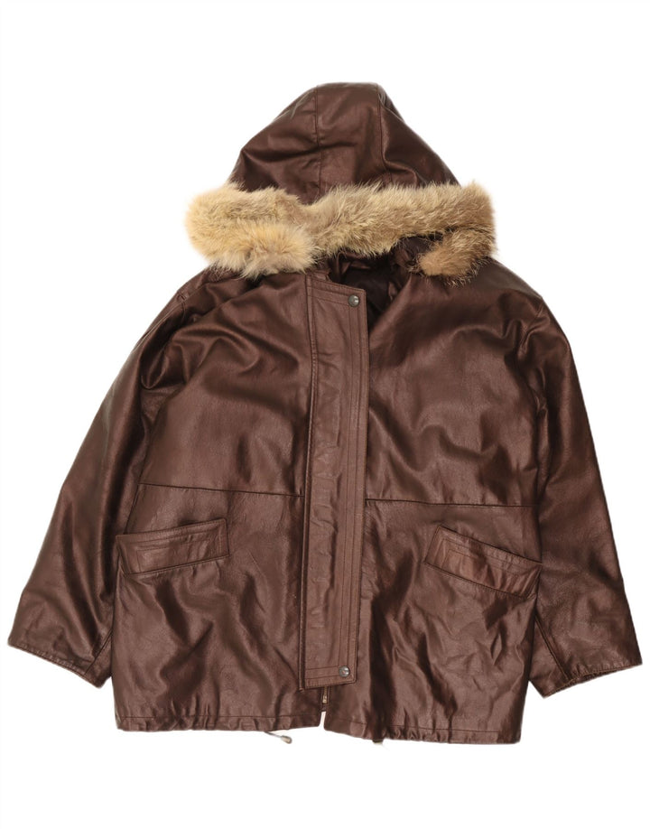 Giacca in pelle oversize con cappuccio da donna vintage IT 48 XL Marrone