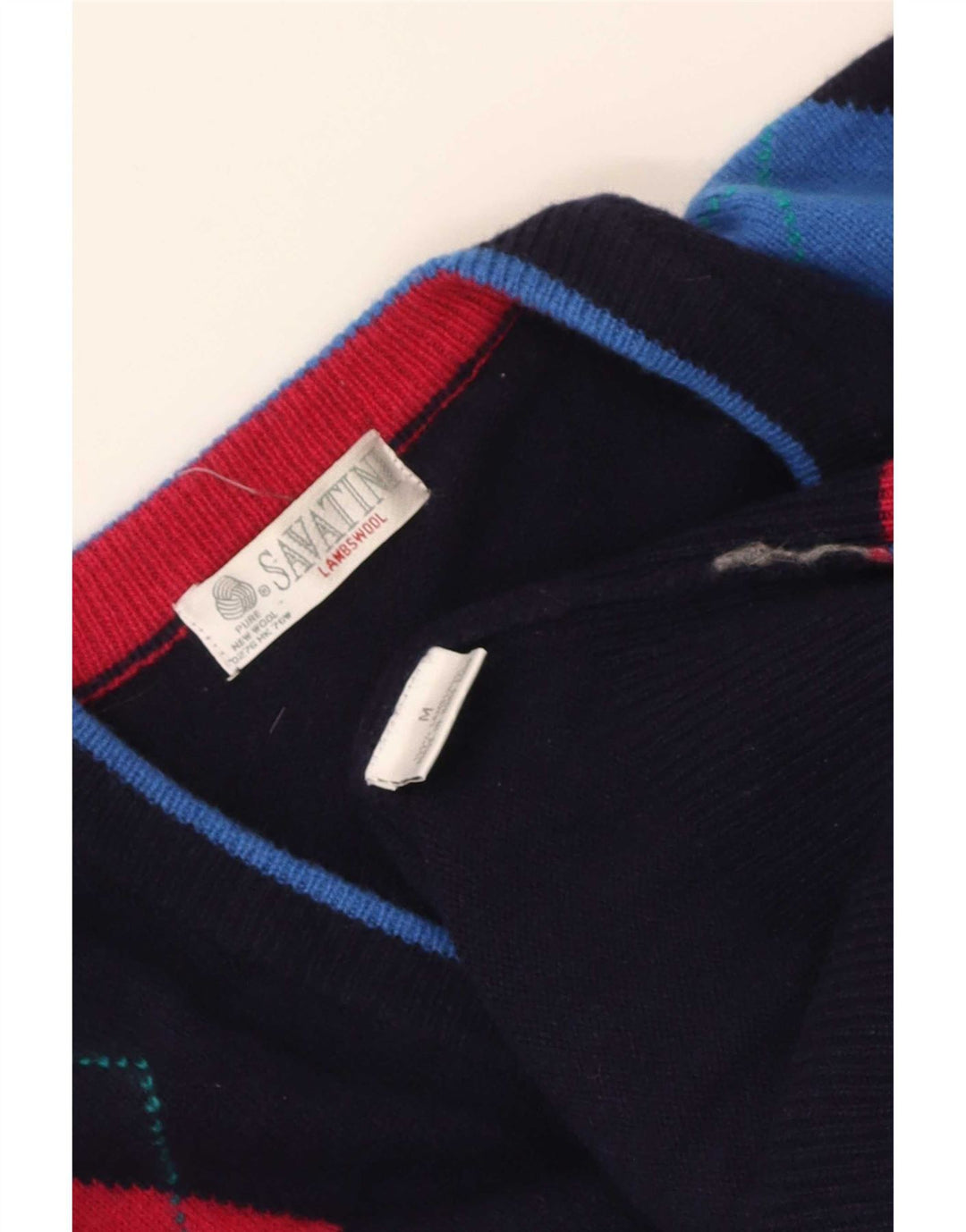 Maglione vintage da uomo con scollo a V medio blu navy a rombi/diamante