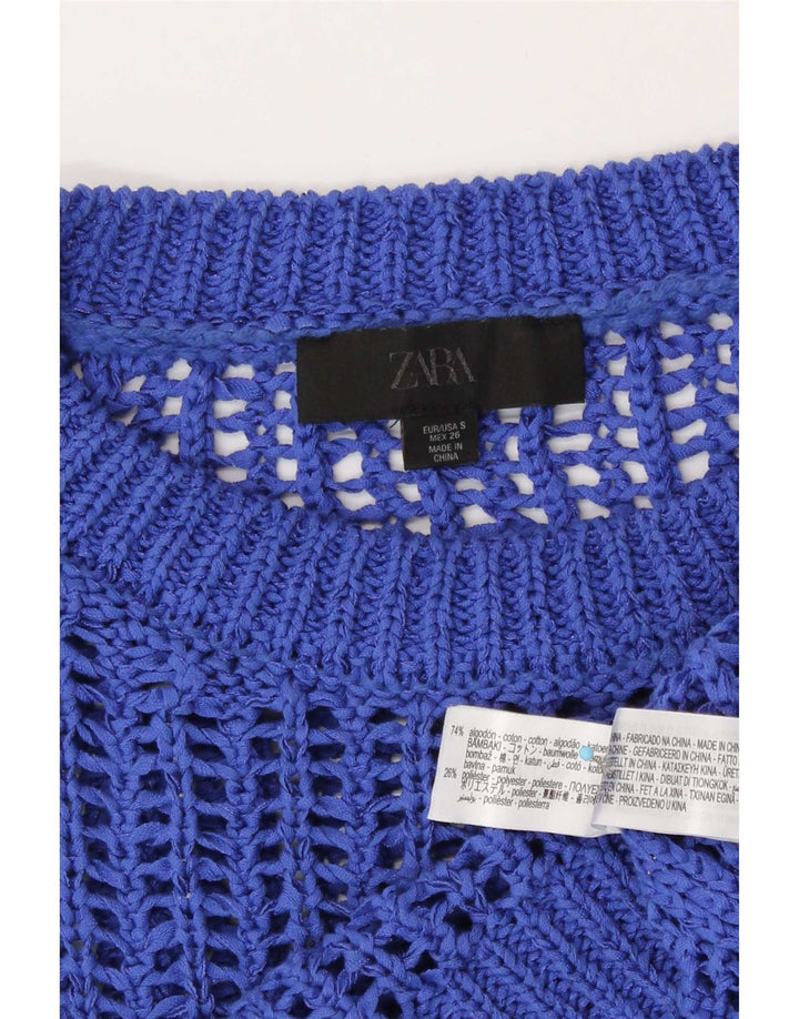 Top corto in maglia trasparente oversize da donna Zara UK 10 piccolo cotone blu