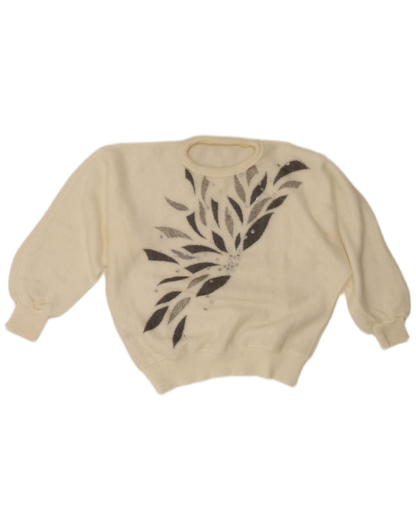 Maglione maglione girocollo da donna vintage UK 10 Piccolo retro geometrico bianco