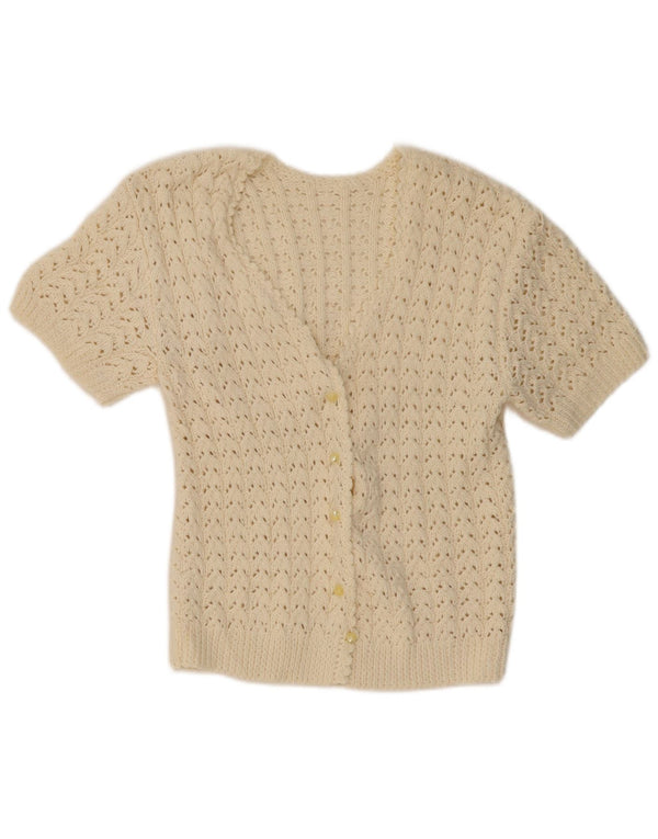 Maglione cardigan all'uncinetto a maniche corte da donna VINTAGE UK 10 piccolo beige