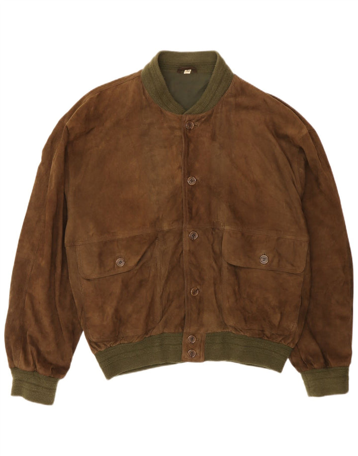 Giubbotto bomber vintage in pelle scamosciata da uomo IT 50 grande in pelle marrone