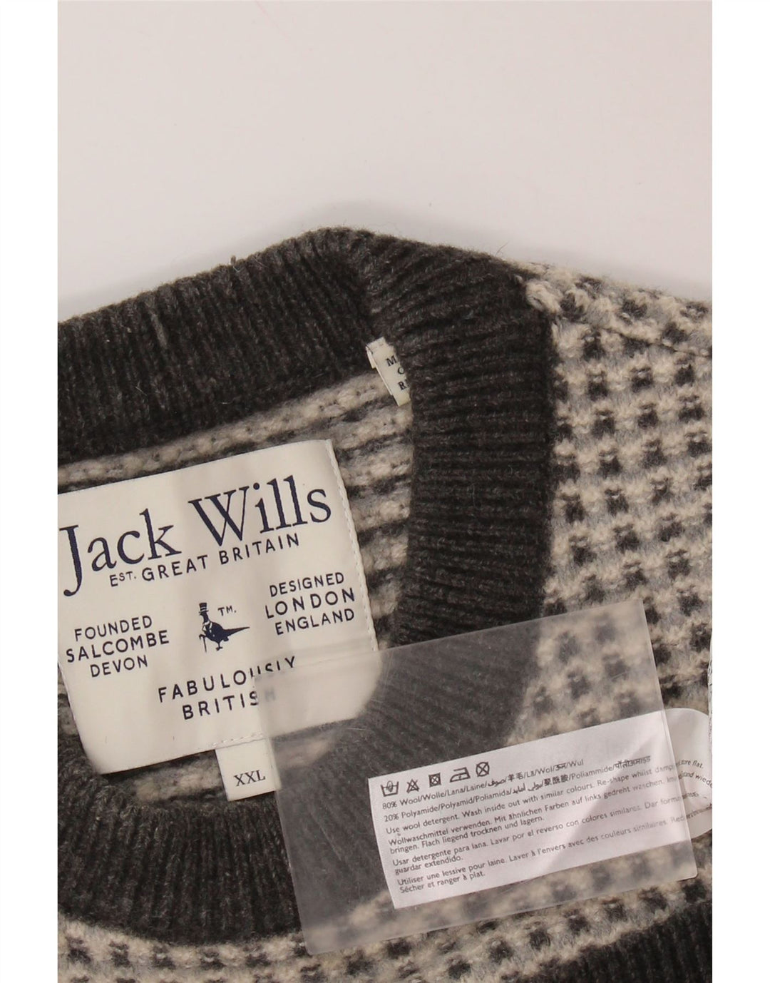 JACK WILLS Maglione maglione girocollo da donna UK 20 2XL Lana a quadri grigia