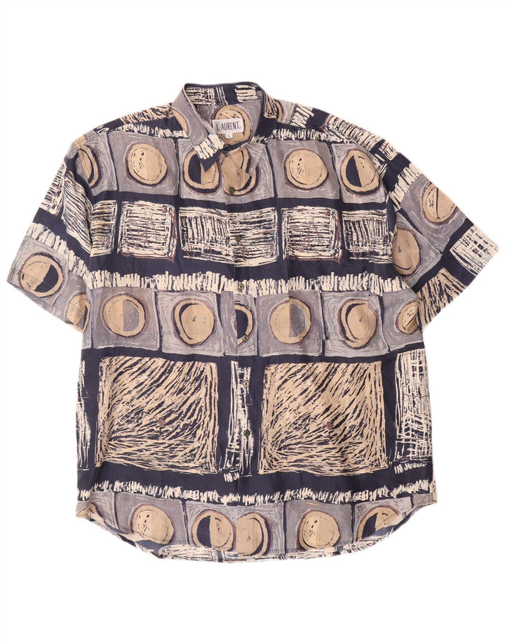 LAURENT Camicia a maniche corte da uomo Large in seta geometrica blu navy