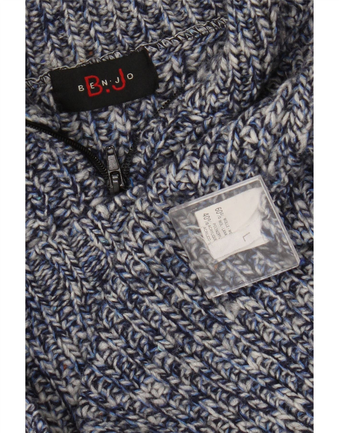 Maglione vintage da uomo con zip sul collo, grande lana screziata blu