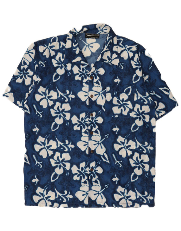 Camicia vintage da uomo a maniche corte in poliestere floreale blu piccolo