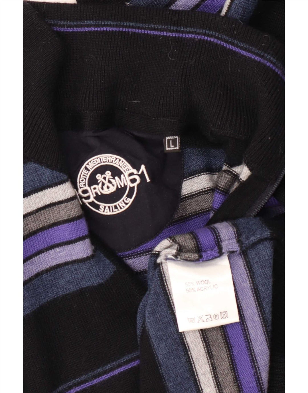 Maglione vintage da uomo con zip e collo in lana a righe nere grandi