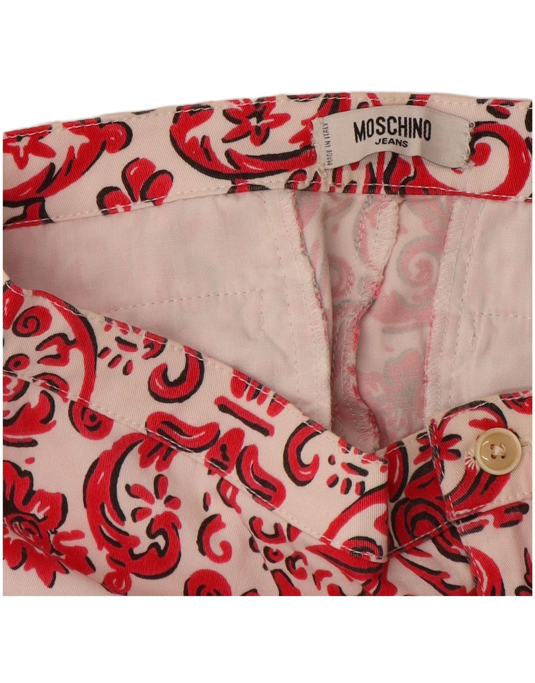Pantaloni Capri dritti da donna MOSCHINO UK 12 Medium W28 L21 Rosso Paisley