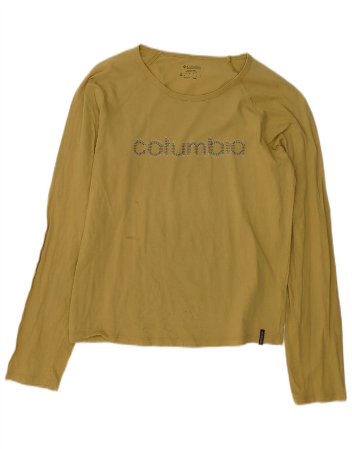 COLUMBIA Top grafico da donna manica lunga UK 14 grande cotone giallo
