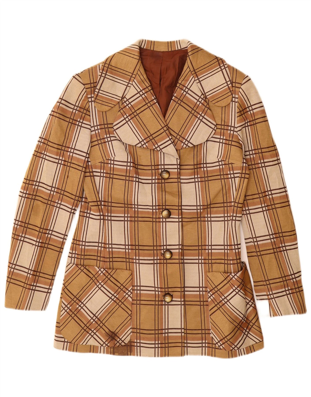 Giacca blazer vintage da donna a 4 bottoni UK 12 a quadri beige medio