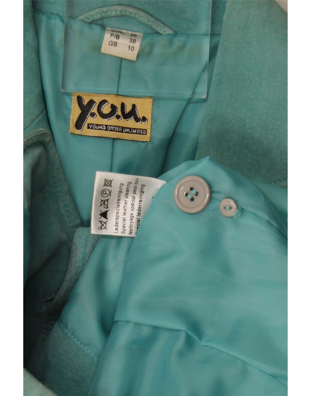 Giacca blazer in pelle scamosciata da donna a 2 bottoni VINTAGE UK 10 piccola in pelle turchese