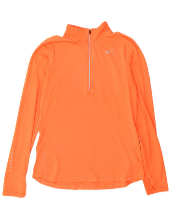 Nike Dri Fit Zip Neck Top manica lunga da donna UK 10 Small Arancione Poliestere