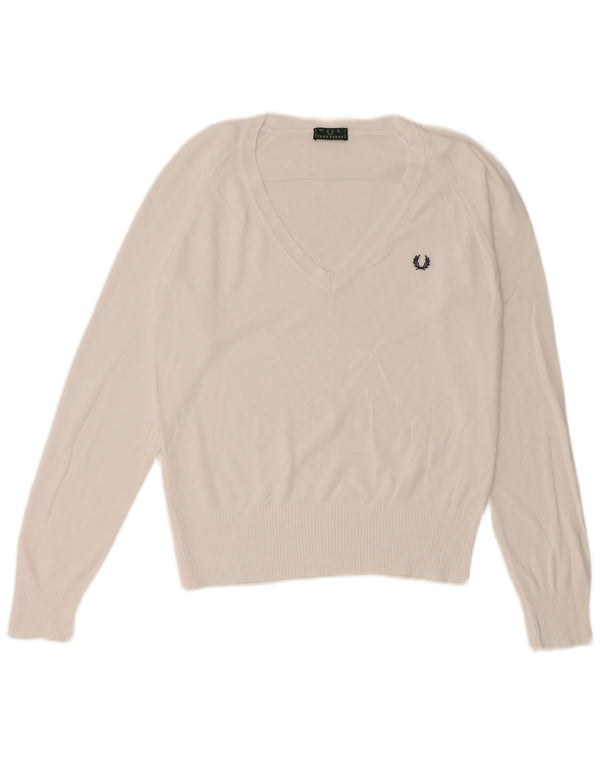 Maglione maglione con scollo a V da donna Fred Perry UK 14 grande bianco