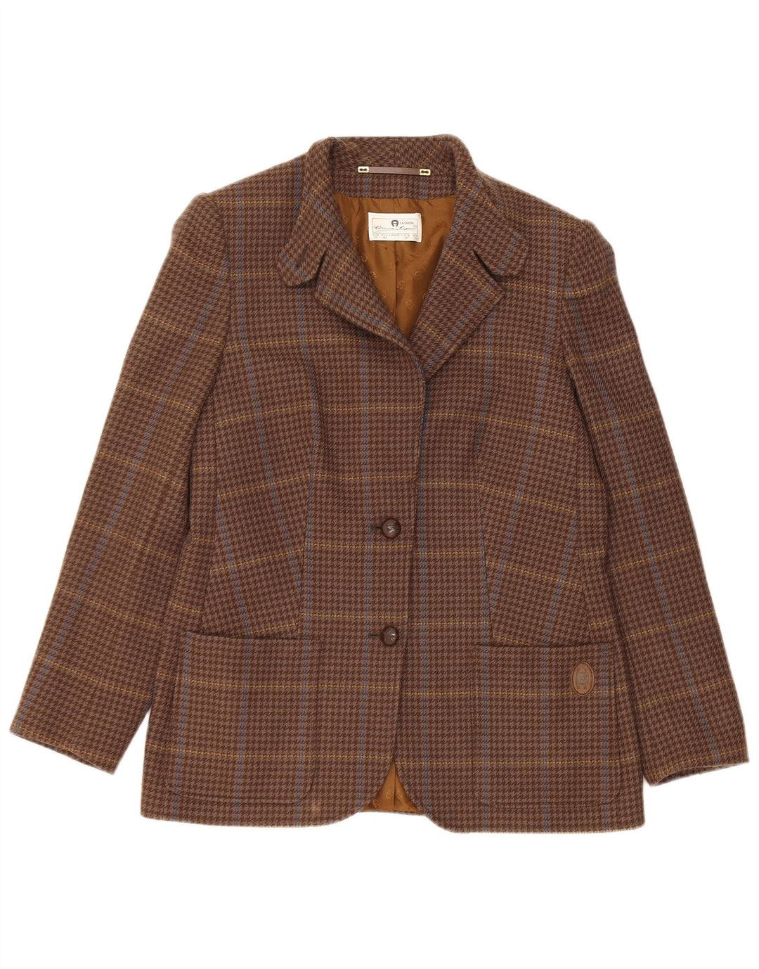 Giacca blazer vintage da donna a 2 bottoni UK 10 piccola lana a quadri marrone