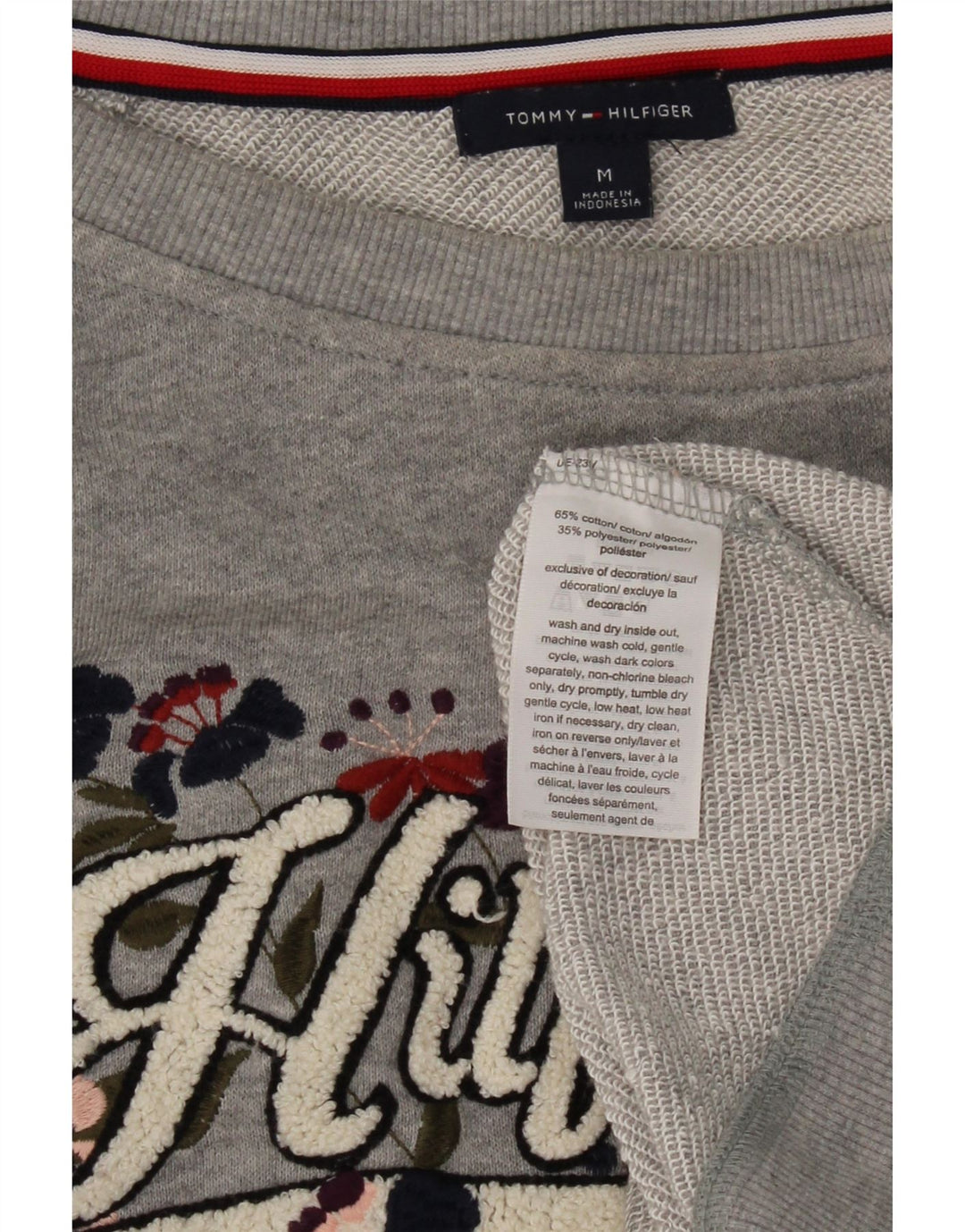 TOMMY HILFIGER Womens Graphic Sweatshirt Jumper UK 14 Medium Grey Floral Vintage Tommy Hilfiger and Second-Hand Tommy Hilfiger from Messina Hembry 
