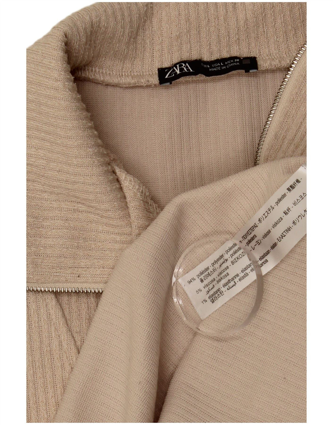 Top Zara da donna con collo e zip a maniche lunghe UK 16 Large Beige Poliestere