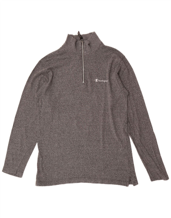 Champion Top da uomo con zip e collo a maniche lunghe in cotone chiazzato grigio medio
