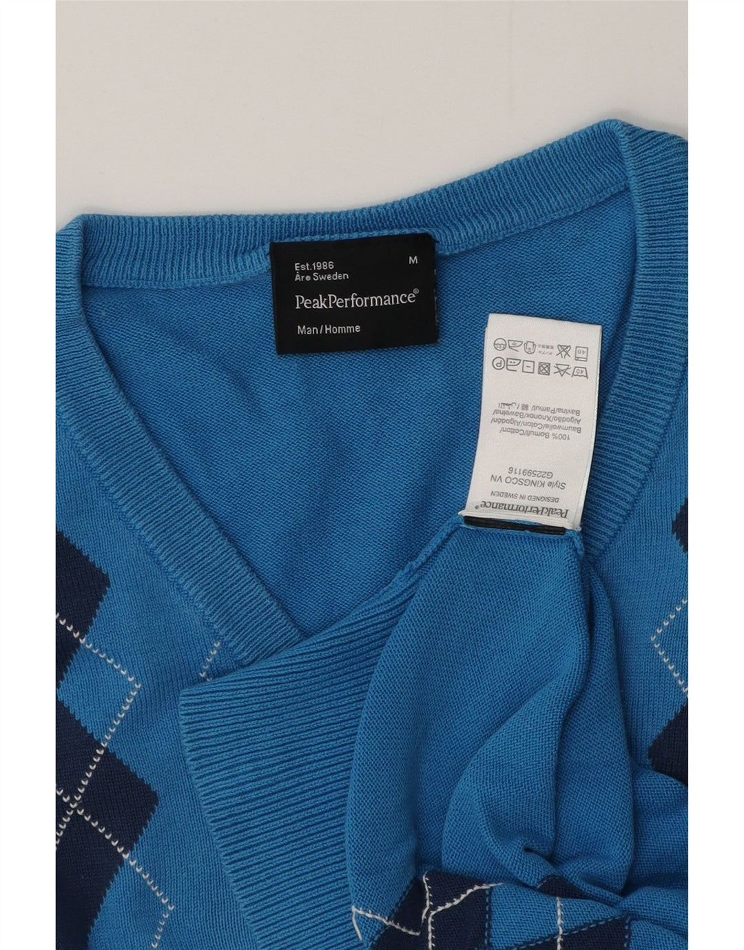 Maglione da uomo con scollo a V Peak Performance blu medio a rombi/diamante