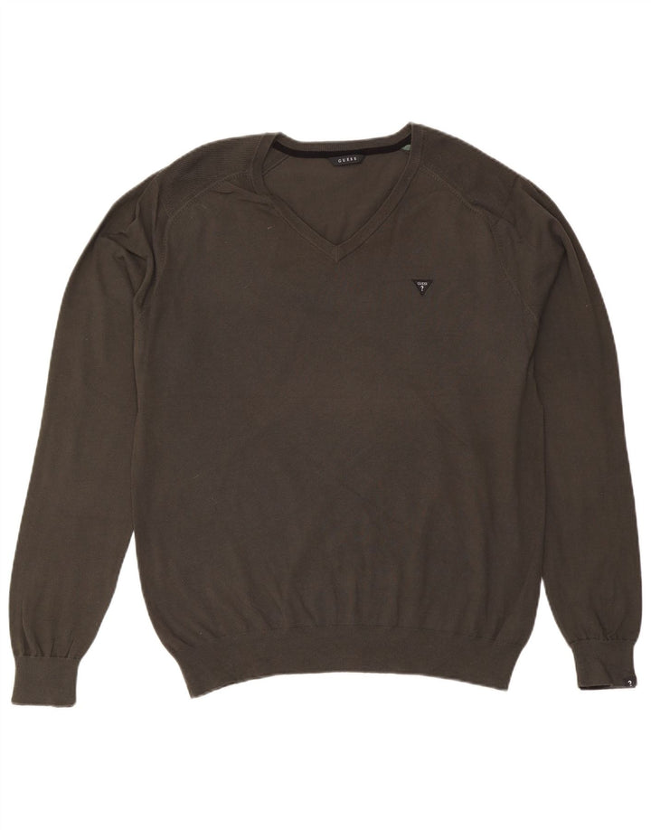 Guess Maglione da uomo con scollo a V XL in cotone kaki