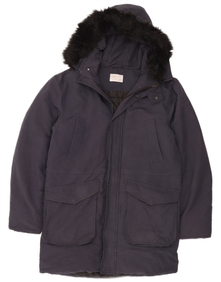 Cappotto imbottito con cappuccio da uomo Zara UK 38 poliestere medio blu navy
