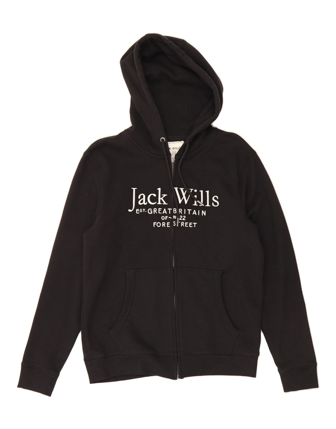 JACK WILLS Mens Graphic Zip Hoodie Sweater Medium Black Cotton Vintage Jack Wills and Second-Hand Jack Wills from Messina Hembry 
