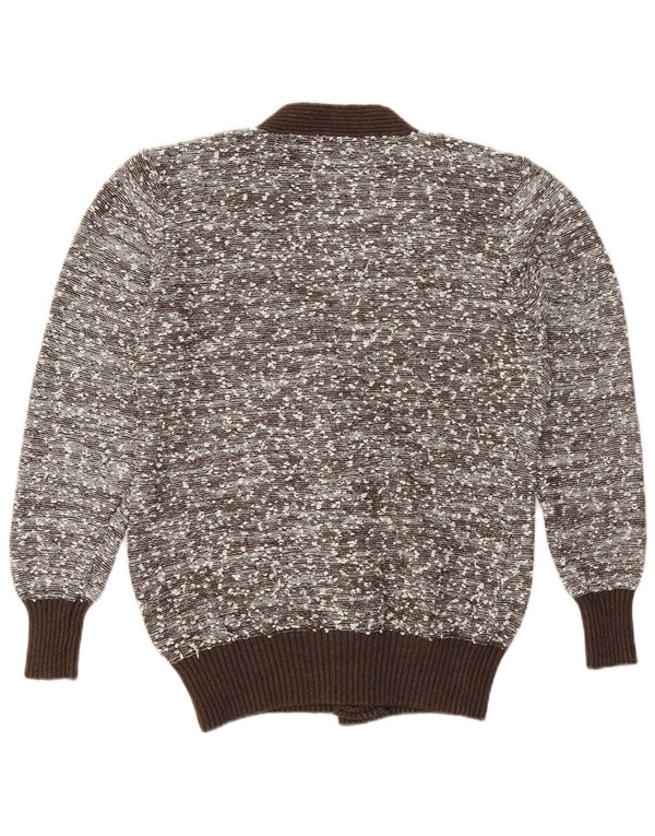 Maglione cardigan da donna vintage UK 16 grande poliammide screziato marrone