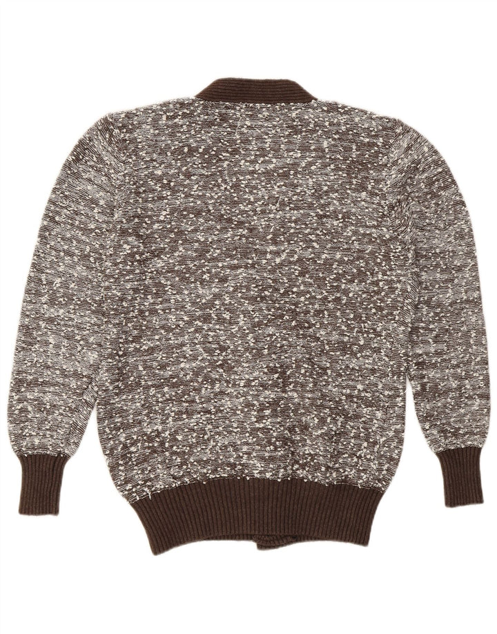 Maglione cardigan da donna vintage UK 16 grande poliammide screziato marrone