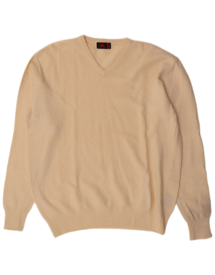 Maglione Kappa da uomo con scollo a V XL in lana d'agnello bianco sporco