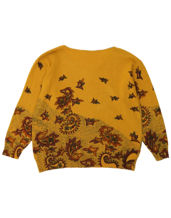 Maglione vintage da donna con scollo a V UK 16 grande motivo cachemire giallo