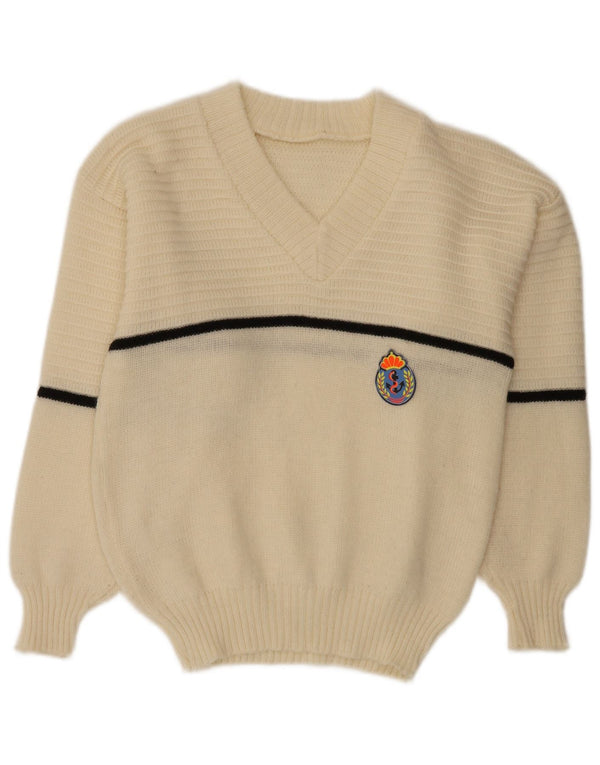 Maglione vintage da donna con scollo a V UK 16 a righe grandi bianco sporco