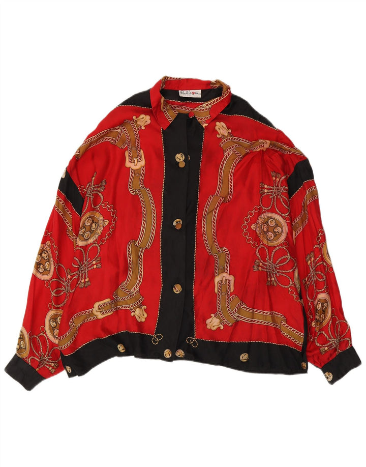 Camicetta camicia vintage da donna con motivo astratto UK 18 XL rossa color block retrò