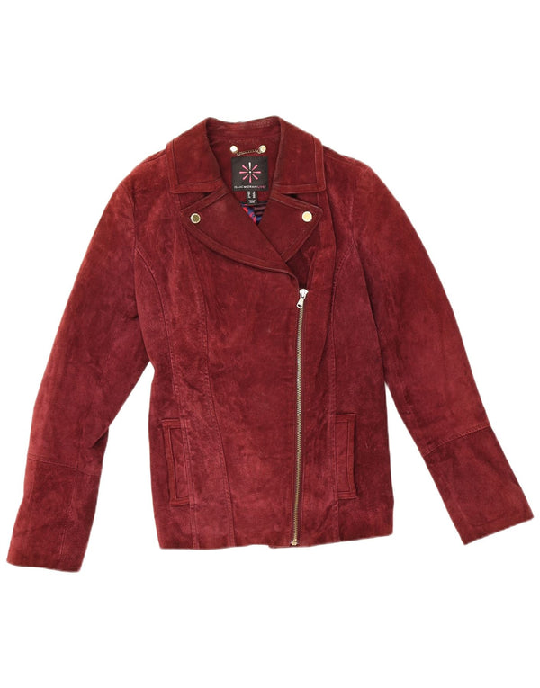 Giacca da motociclista in pelle scamosciata da donna Isaac Mizrahi UK 6 XS in pelle bordeaux