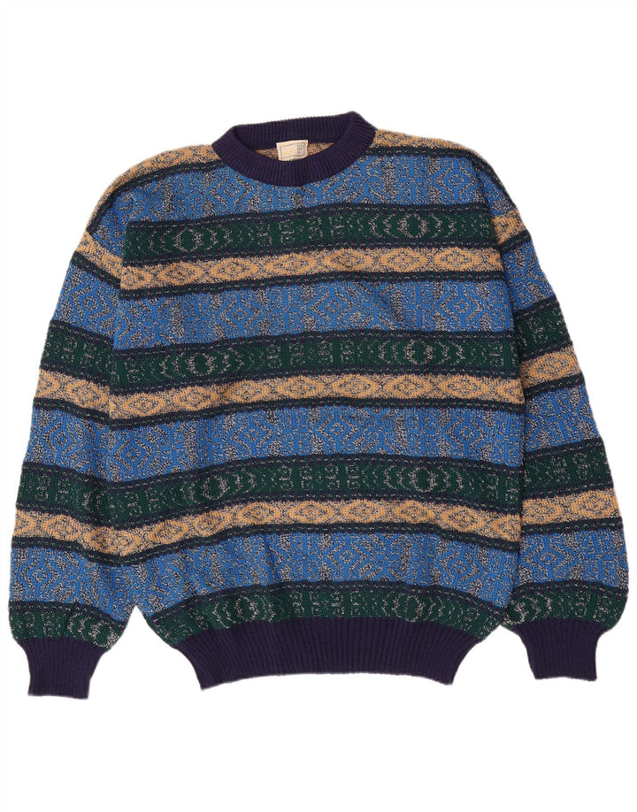Maglione maglione girocollo da uomo vintage blu medio a rombi/diamante