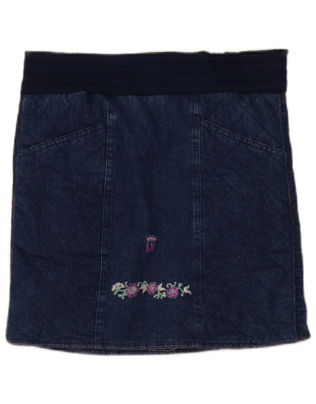 Gonna di jeans vintage da donna W30 medio blu navy floreale