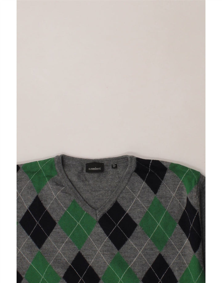 C.COMBERTI Mens V-Neck Jumper Sweater IT 54 XL Grey Argyle/Diamond Wool Vintage C.Comberti and Second-Hand C.Comberti from Messina Hembry 