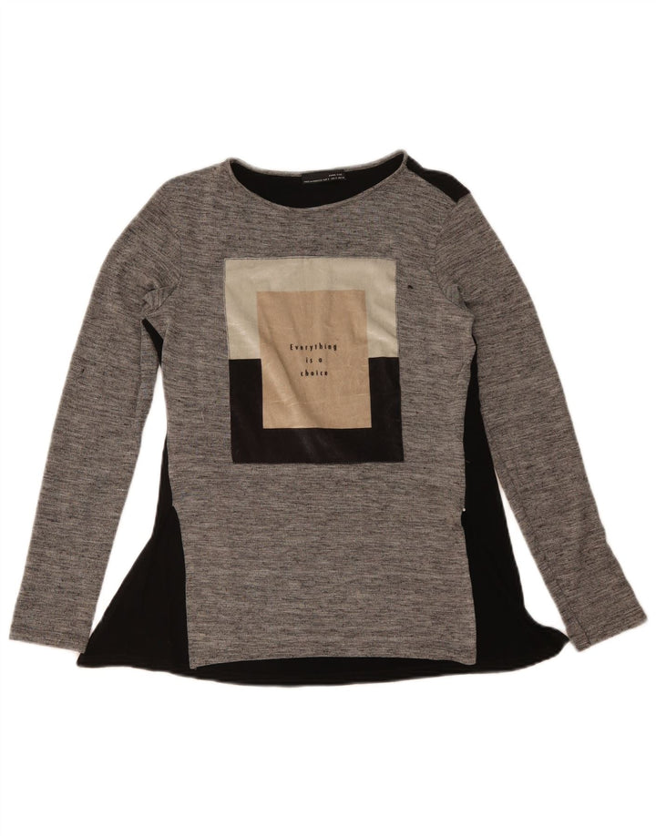 Top grafico da donna Zara a maniche lunghe UK 10 Small Grigio Colourblock Poliestere