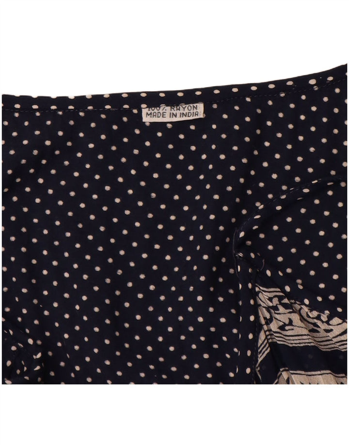 Abito prendisole vintage da donna UK 14 grande rayon patchwork blu navy