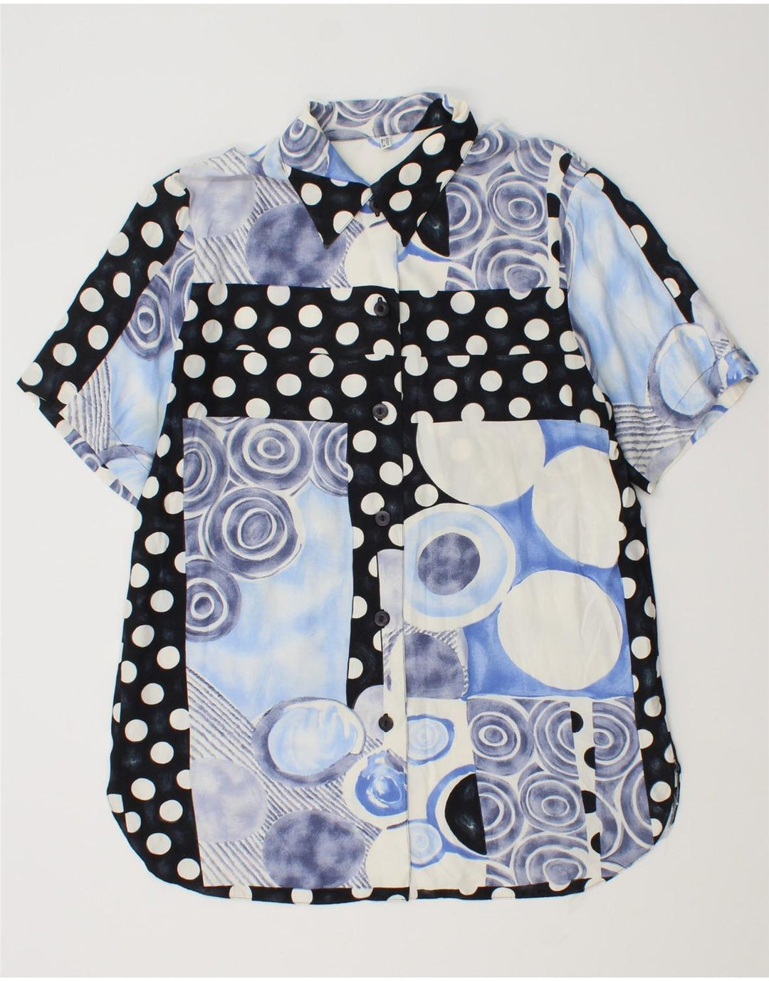 Camicia vintage da donna a maniche corte camicetta UK 14 grande viscosa patchwork blu