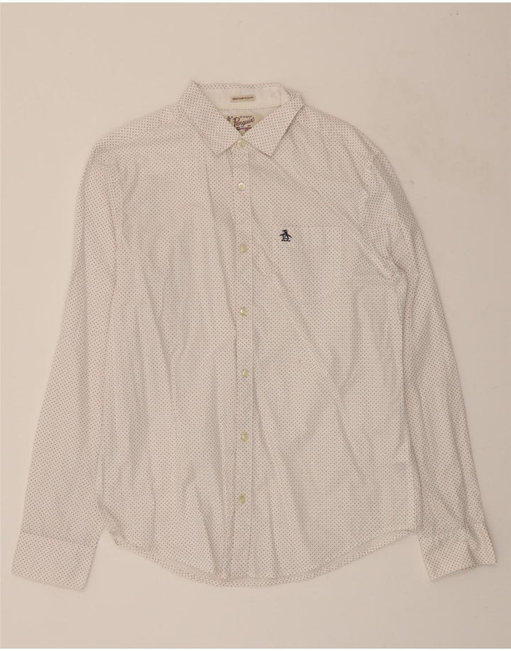 PENGUIN Mens Heritage Slim Fit Shirt Medium White Spotted Cotton Vintage Penguin and Second-Hand Penguin from Messina Hembry 
