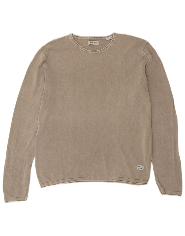 JACK & JONES Mens Crew Neck Jumper Sweater Large Beige Cotton