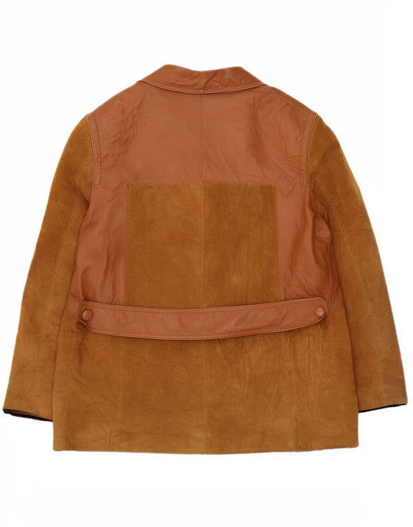 Giacca vintage in pelle scamosciata da donna UK 12 Colorblock marrone medio