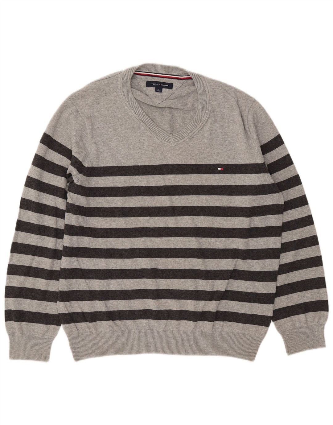 Tommy Hilfiger Uomo Maglione con scollo a V Maglione in cotone a righe grigio medio