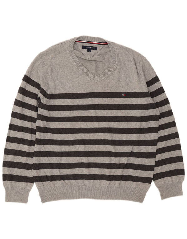 Tommy Hilfiger Uomo Maglione con scollo a V Maglione in cotone a righe grigio medio