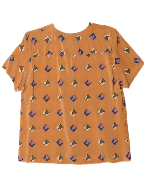 Camicetta camicia a maniche corte da donna vintage UK 16 grande marrone geometrico