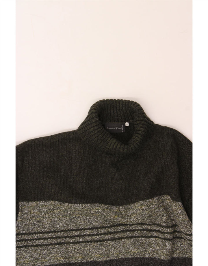 VINTAGE Maglione da uomo con collo alto e maglione grande in acrilico a strisce kaki