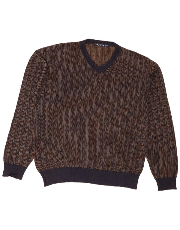 Maglione da uomo con scollo a V Nautica, cotone a righe marroni grandi