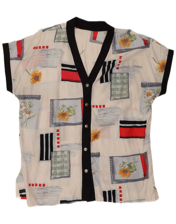 Vintage Womens Short Sleeve Shirt Blouse UK 20 2XL White Floral Viscose